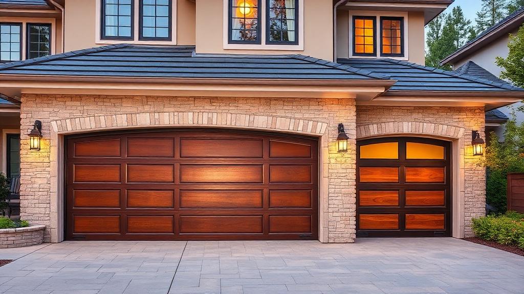 Beautiful modern garage doors on upscale home at dusk showing curb appeal