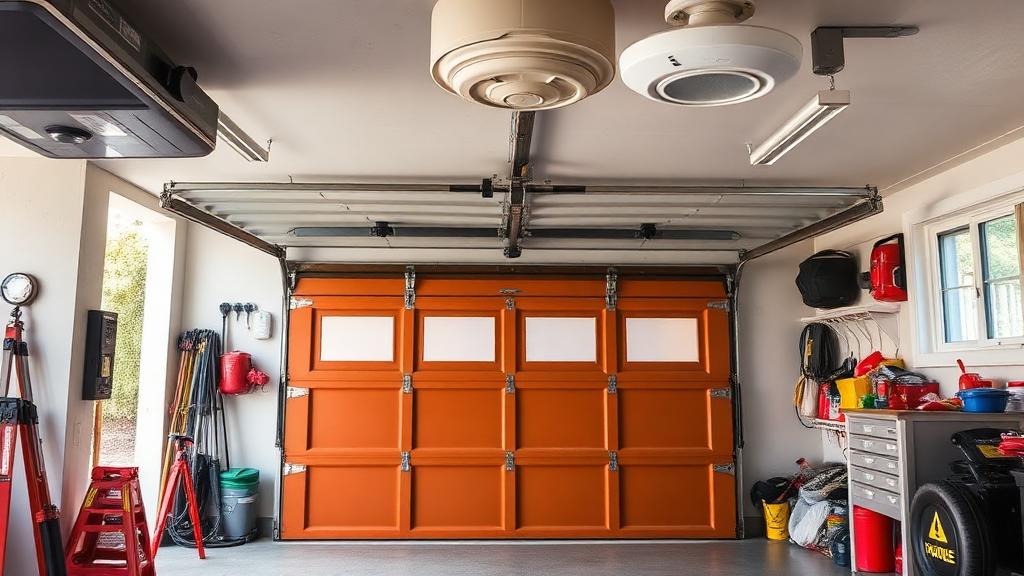 Garage interior with fire safety equipment and smoke detector installation