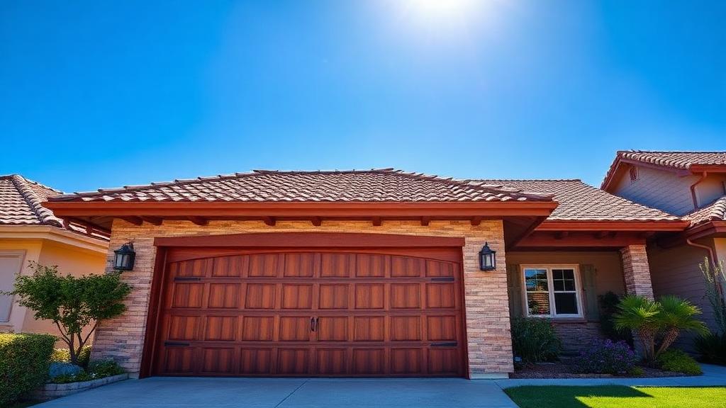 Beautiful wooden garage door in sunny hot weather conditions in Connecticut