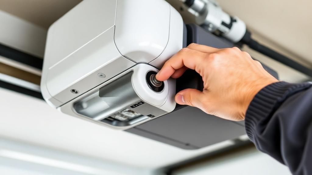 Technician adjusting garage door opener limit switch on a residential garage