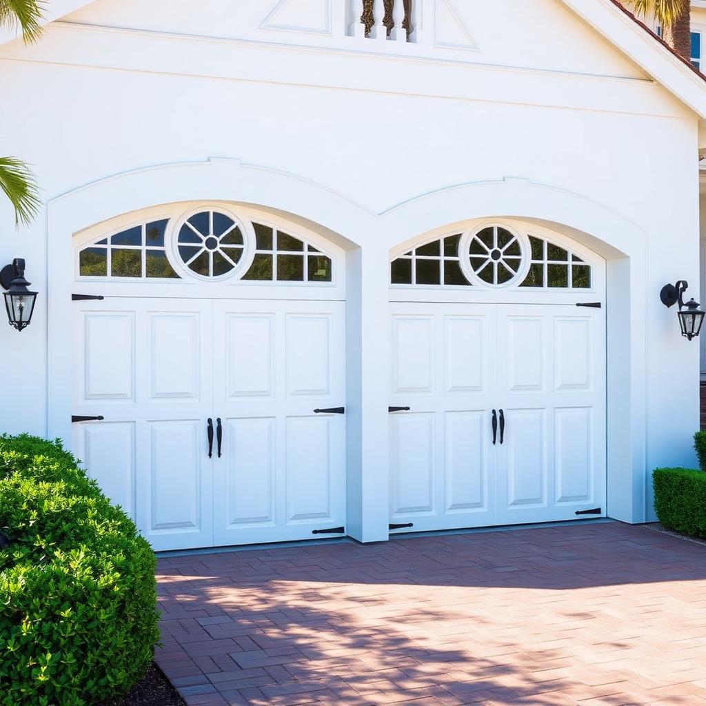 Beautiful coastal style garage doors with decorative porthole windows installed on upscale home in Connecticut