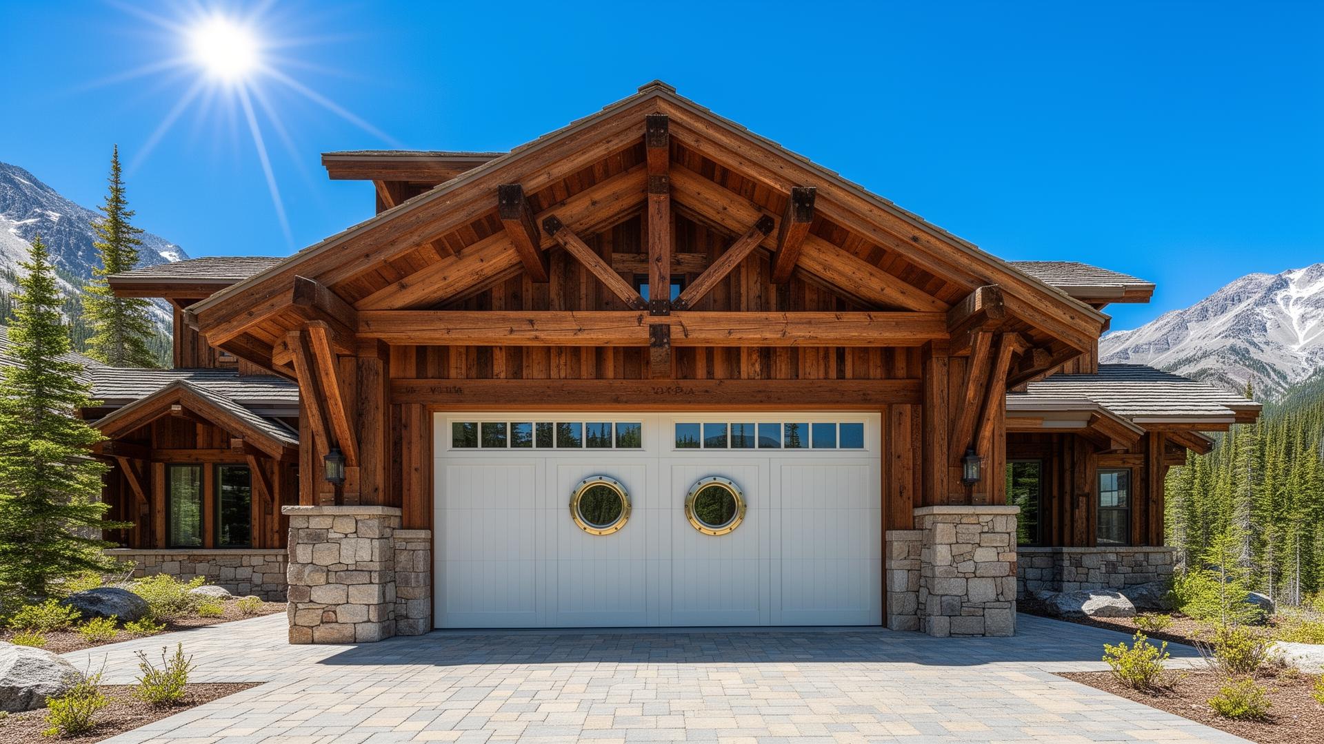 Beautiful mountain lodge home with coastal style garage doors featuring porthole windows in Woodstock Connecticut
