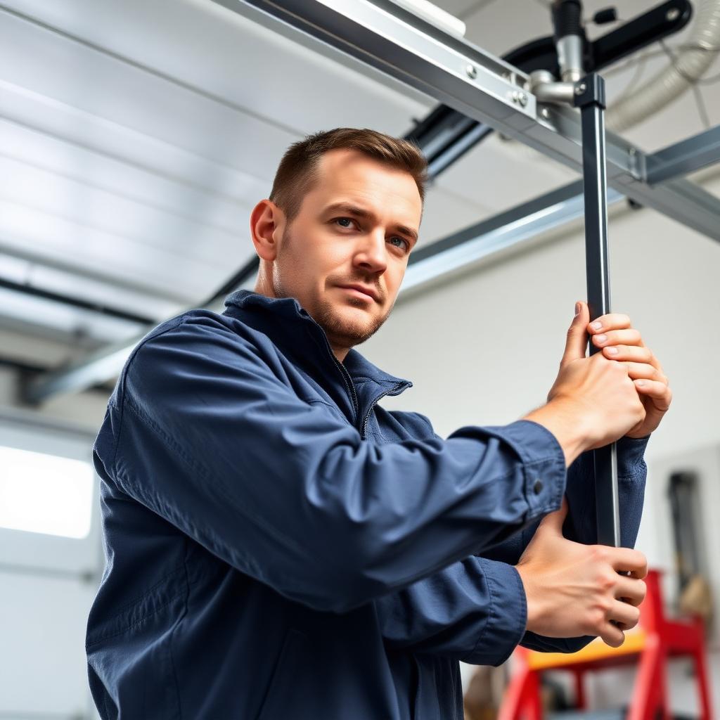 Professional garage door technician at work installing a new garage door